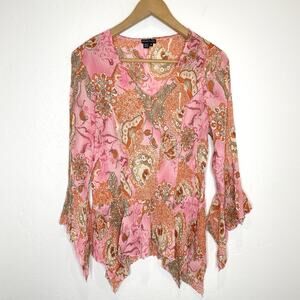 Y2K Piano Asymmetric Fairy Top Womens Medium Long Sleeve Crinkle Pink Floral